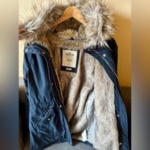 Hollister Women's Navy Parka with Faux Fur